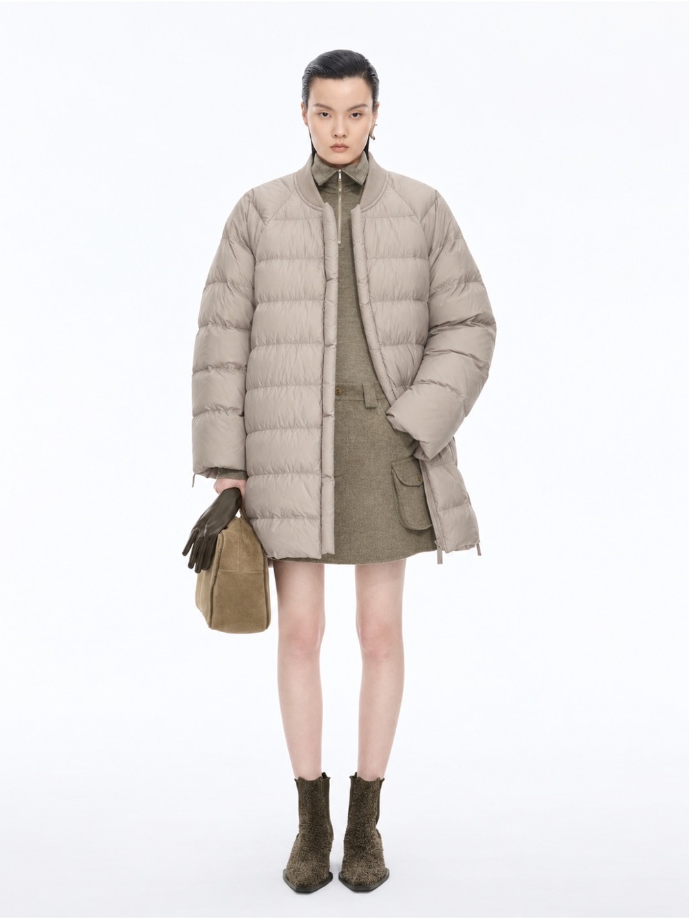 JNBY Oversized Down Zip Front Puffer Coat in Light Taupe size L